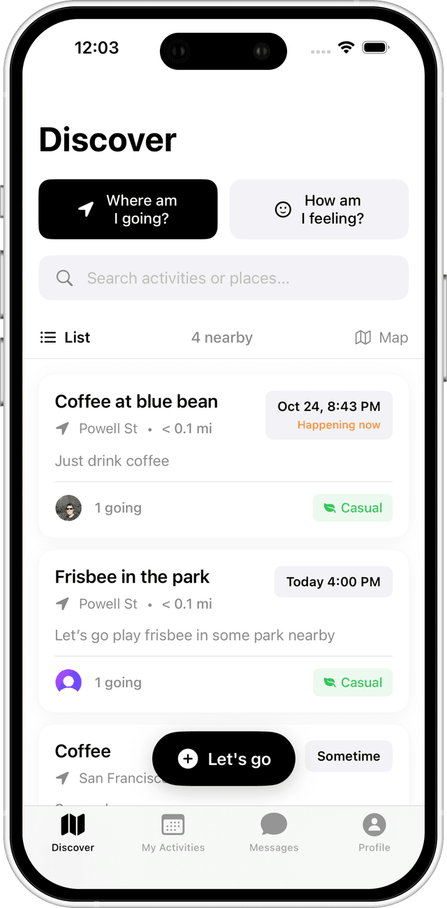 Browse activities in list view