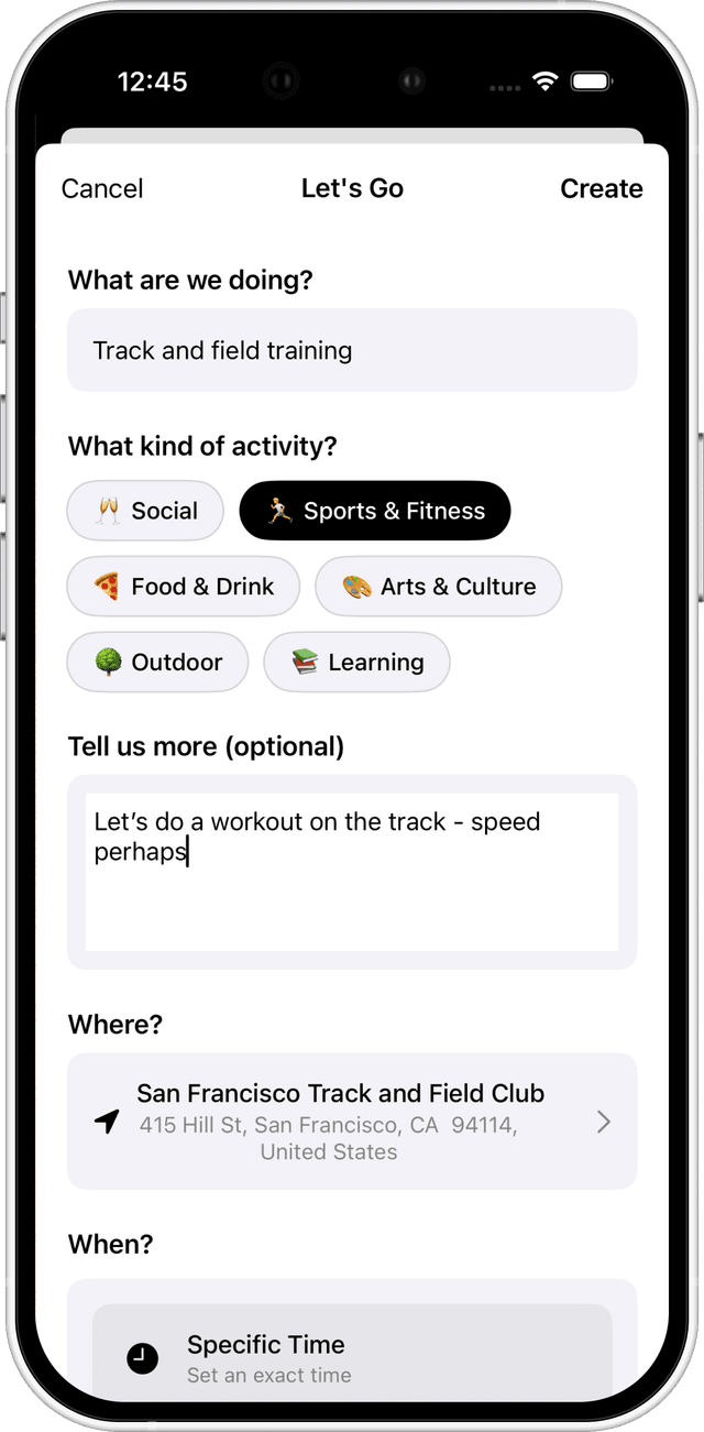 Post activity - time and location selection