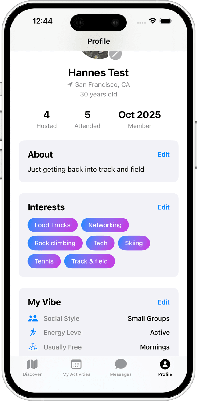 User profile with interests and preferences
